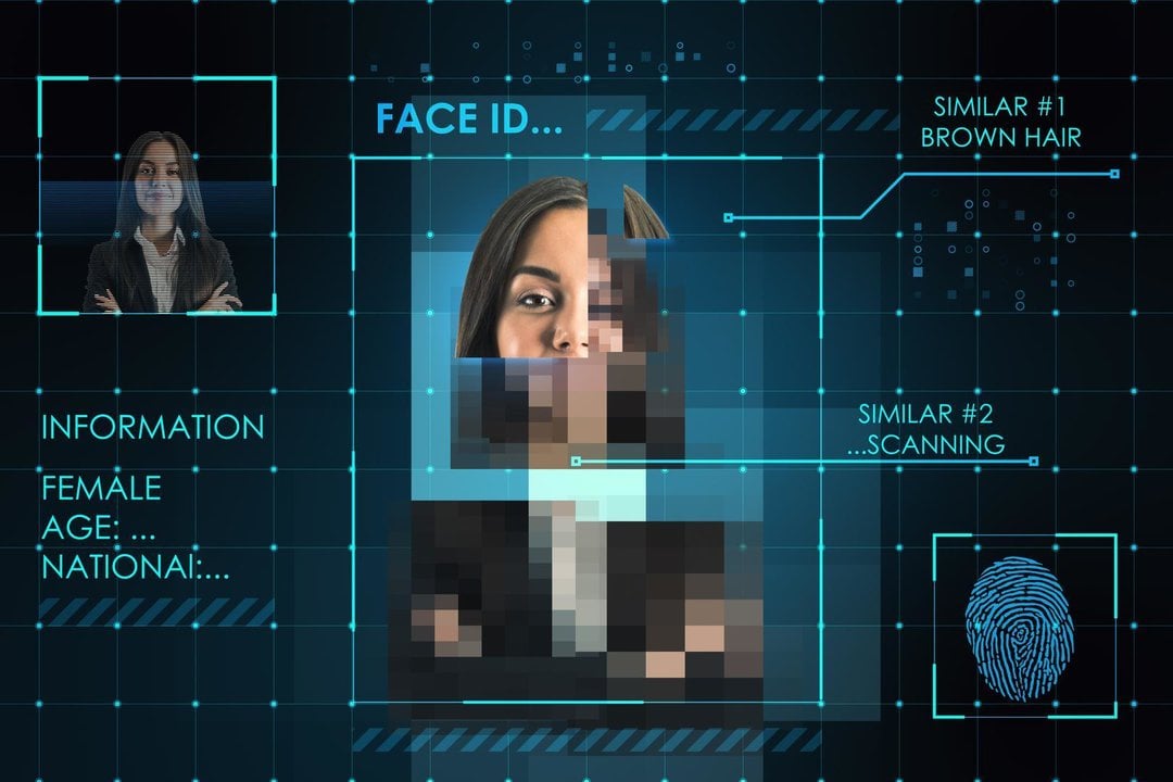 Face recognition and biometric concept with scanning process of young woman and fingerprint with personal data on abstract dark background