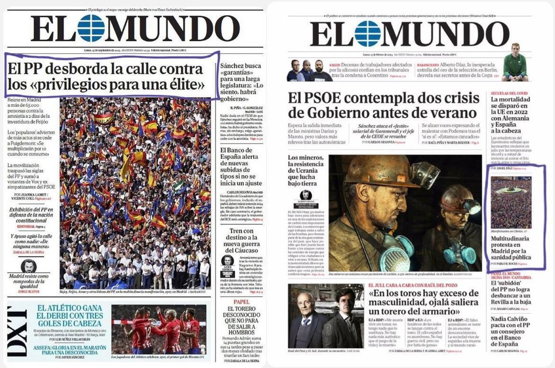 Contraste de portadas de El Mundo: con el PP sin el PP.