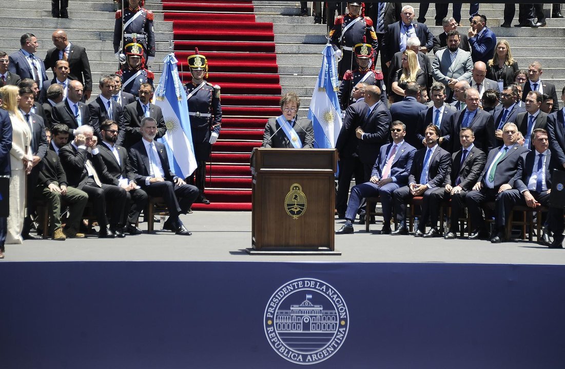 BUENOS AIRES, Dec. 11, 2023  -- Argentina's new President Javier Milei (C) delivers a speech after the inauguration ceremony at the Congress in Buenos Aires, Argentina, Dec. 10, 2023. Javier Milei, a liberal politician and economist, assumed the Argentine presidency Sunday in a ceremony held at the National Congress in Buenos Aires, the country's capital.
   The outgoing head of state, Alberto Fernandez, placed the presidential sash and handed the baton of command to Milei, whose term will last for four years, until Dec. 10, 2027.,Image: 828469753, License: Rights-managed, Restrictions: , Model Release: no, Credit line: Javier Gonzalez / Xinhua News / ContactoPhoto