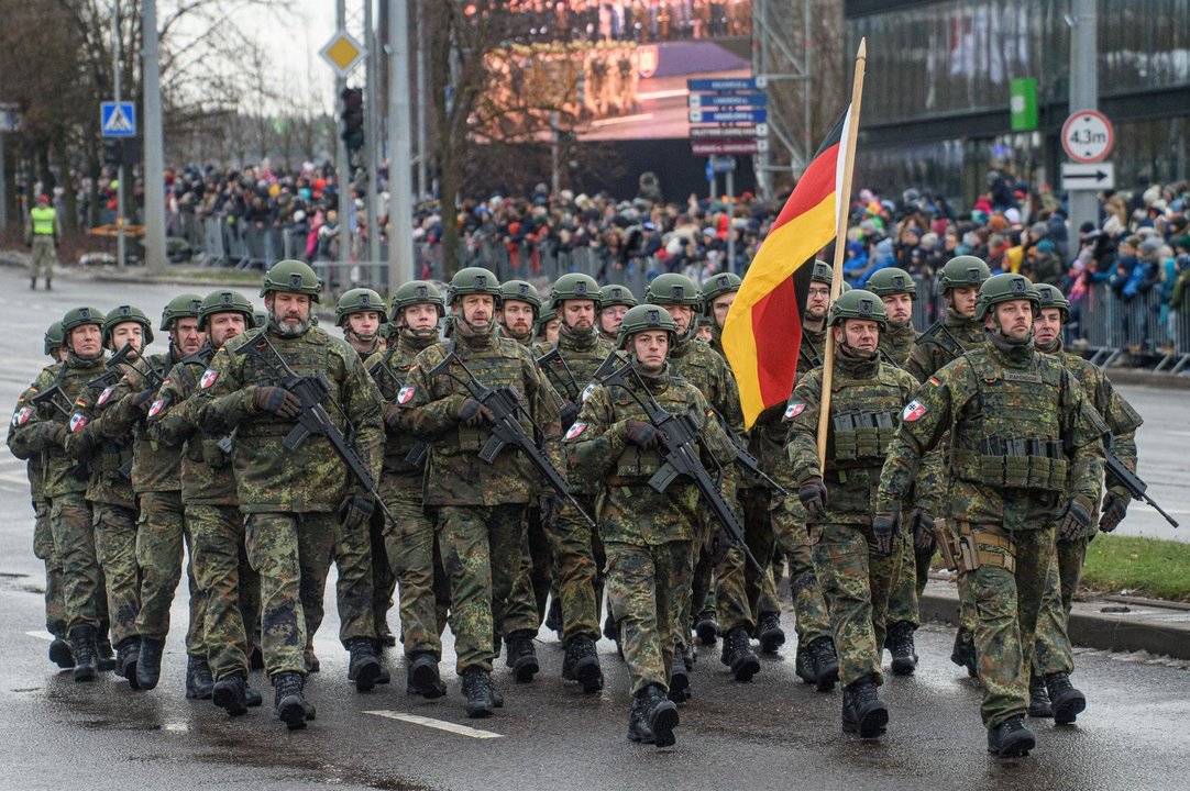 November 25, 2023, Vilnius, Lithuania: German soldiers march during a military parade on Armed Forces Day in Vilnius. Armed Forces Day honours the restoration of the Lithuania armed forces on November 23, 1918. The military parade commemorating the holiday is being held this year on November 25 in Vilnius. Both Lithuanian military and allies from NATO countries took part in the parade, totaling about 1,400 people and 100 pieces of military equipment.,Image: 824287723, License: Rights-managed, Restrictions: , Model Release: no, Credit line: Yauhen Yerchak / Zuma Press / ContactoPhoto