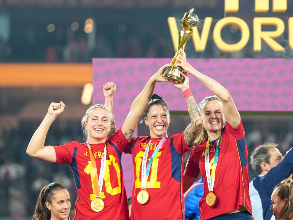 August 20, 2023, Sydney, Australia: Sydney, Australia, August 20th 2023:  Alexia Putellas (11 Spain), Jenni Hermoso (10 Spain) and Irene Paredes (4 Spain) celebrate their vicory of the World Cup and hold up the trophy during the trophy ceremony after the FIFA Womens World Cup 2023 Final football match between Spain and England at Stadium Australia in Sydney, Australia.,Image: 799981349, License: Rights-managed, Restrictions: * Brazil and Mexico Rights OUT *, Model Release: no, Credit line: Daniela Porcelli / Zuma Press / ContactoPhoto