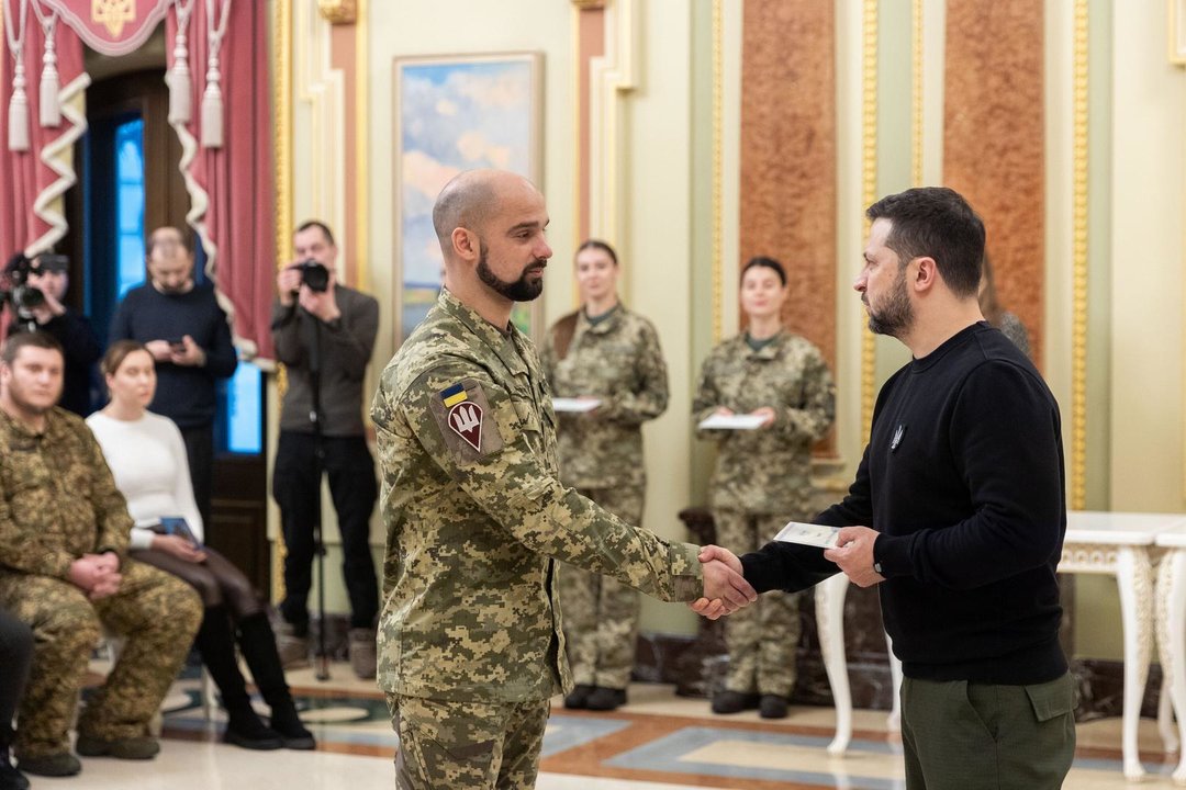 January 2, 2024, Ukraine, Ukraine, Ukraine: Ukrainian President Volodymyr Zelenskyy presents certificates to the apartment allocated to soldiers who took part in the Russia-Ukraine war and families of fallen Heroes during a ceremony at the Mariinsky Palace in Kyiv, Ukraine on January 03, 2023. As part of the Head of State's initiative to provide housing for the soldiers of the Heroes of Ukraine, Zelenskyy presented certificates of obtaining apartments to the Heroes of Ukraine and the family members of the fallen soldiers who received this title posthumously. During the event, those present honored the memory of all Ukrainian soldiers, all citizens of Ukraine, who gave their lives for the preservation of the state, with a moment of silence,Image: 834016724, License: Rights-managed, Restrictions: , Model Release: no, Credit line: President Of Ukraine / Zuma Press / ContactoPhoto