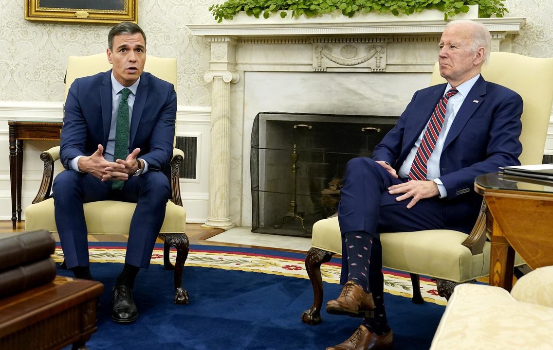 May 12, 2023, Washington, District of Columbia, USA: United States President Joe Biden holds a bilateral meeting with President Pedro Sanchez Perez-Castejon of the Government of Spain in the Oval Office of the White House in Washington, DC on Friday, May 12, 2023,Image: 775446467, License: Rights-managed, Restrictions: , Model Release: no, Credit line: Chris Kleponis - Pool via CNP / Zuma Press / ContactoPhoto