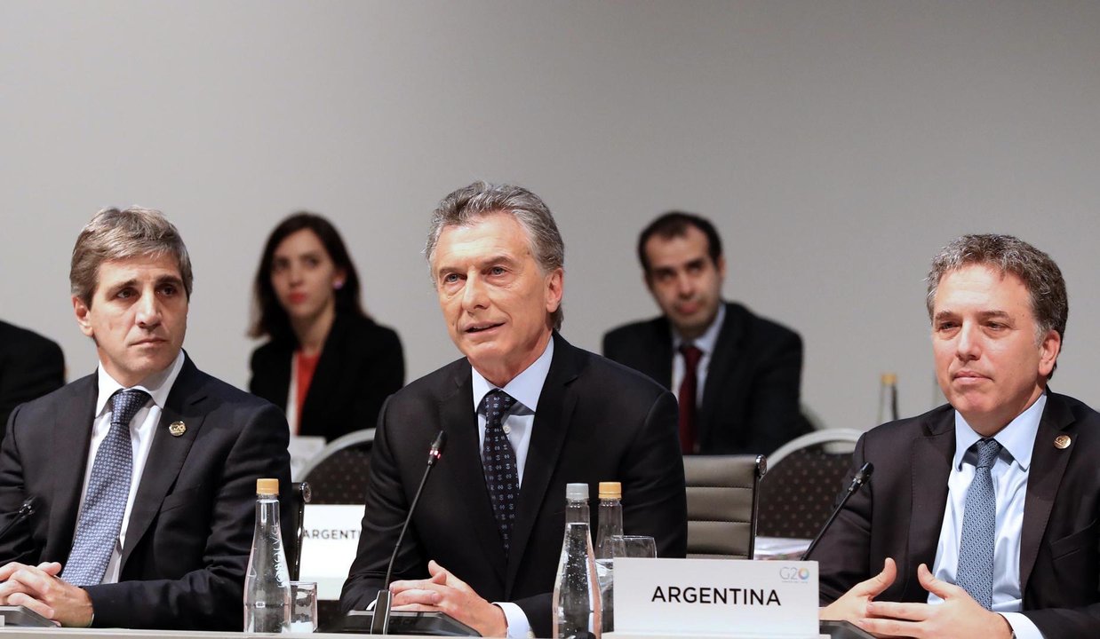BUENOS AIRES, July 23, 2018  Argentine President Mauricio Macri (C), Argentine Central Bank President Luis Caputo (L) and Treasury Minister Nicolas Dujovne participate in the Group of 20 (G20) Meeting of Finance Ministers and Central Bank Governors in Buenos Aires, Argentina, on July 22, 2018. Finance ministers and central bank governors of the G20 ended their third meeting of the year here on Sunday, referring to ''consensus'' and ''constructive dialogues'' as the tools to resolve the issue of import tariffs.  rtg),Image: 378987174, License: Rights-managed, Restrictions: , Model Release: no, Credit line: E]Str / Zuma Press / ContactoPhoto