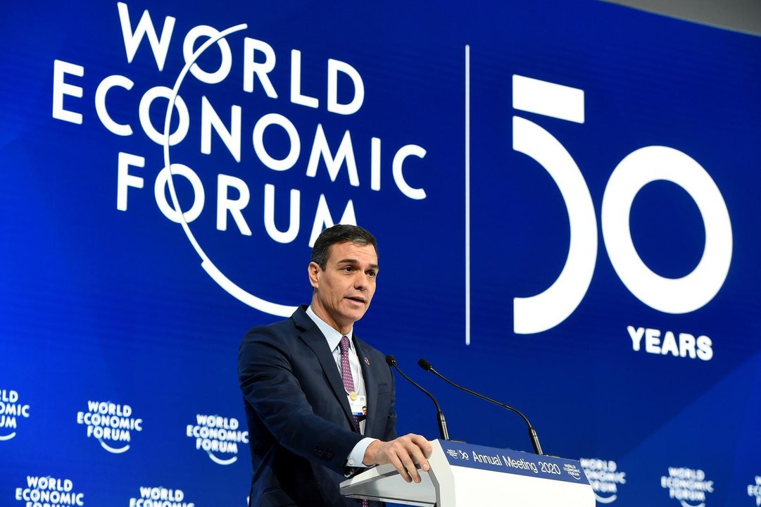 DAVOS, Jan. 22, 2020  Spanish Prime Minister Pedro Sanchez speaks at the World Economic Forum (WEF) annual meeting in Davos, Switzerland, Jan. 22, 2020.,Image: 494221266, License: Rights-managed, Restrictions: , Model Release: no, Credit line: Guo Chen / Zuma Press / ContactoPhoto