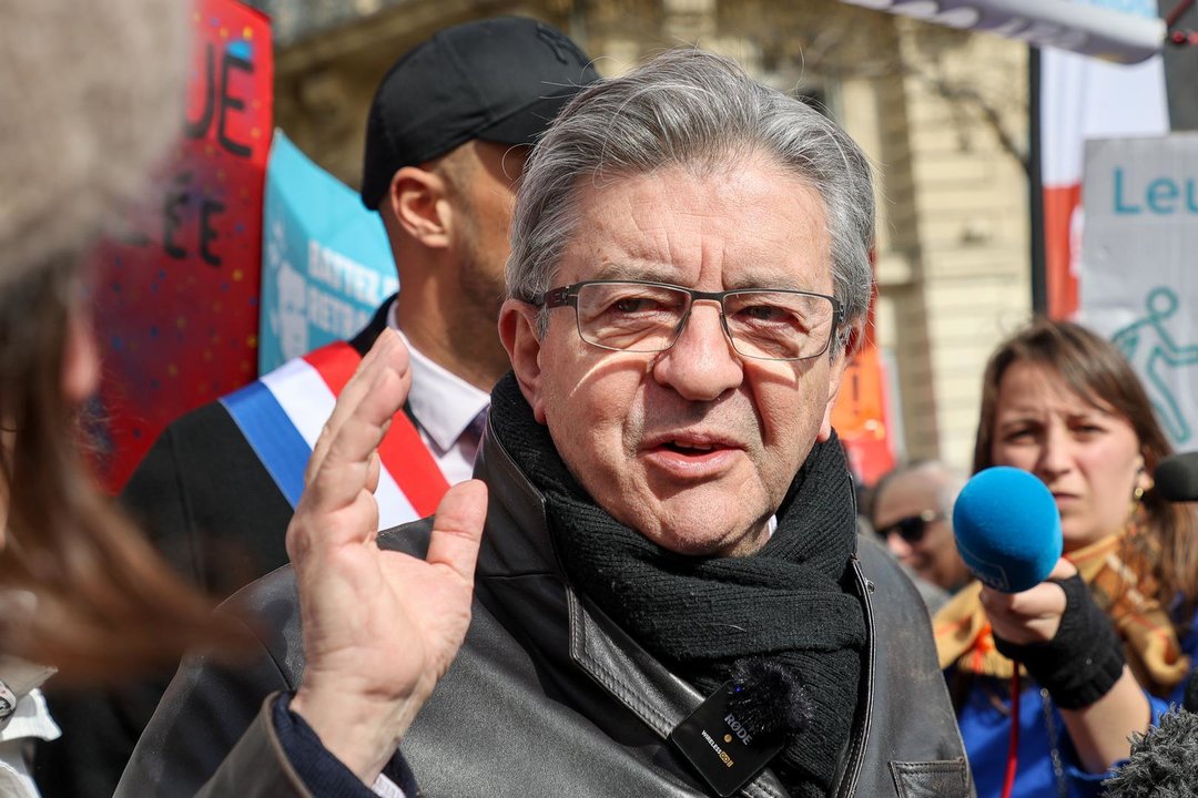 March 11, 2023, Marseille, France: The leader of the party ''La France Insoumise'' (LFI) Jean-Luc Mélenchon answers questions from journalists during a press briefing in Marseille. During the 7th day of mobilization against the new pension reform wanted by the French government, Jean-Luc Mélenchon, leader of the party ''La France Insoumise'' (LFI) and the deputies Manuel Bompard, Sébastien Delogu and Hendrik Davy gave their support to the Marseille demonstrators.,Image: 762829116, License: Rights-managed, Restrictions: , Model Release: no, Credit line: Denis Thaust / Zuma Press / ContactoPhoto