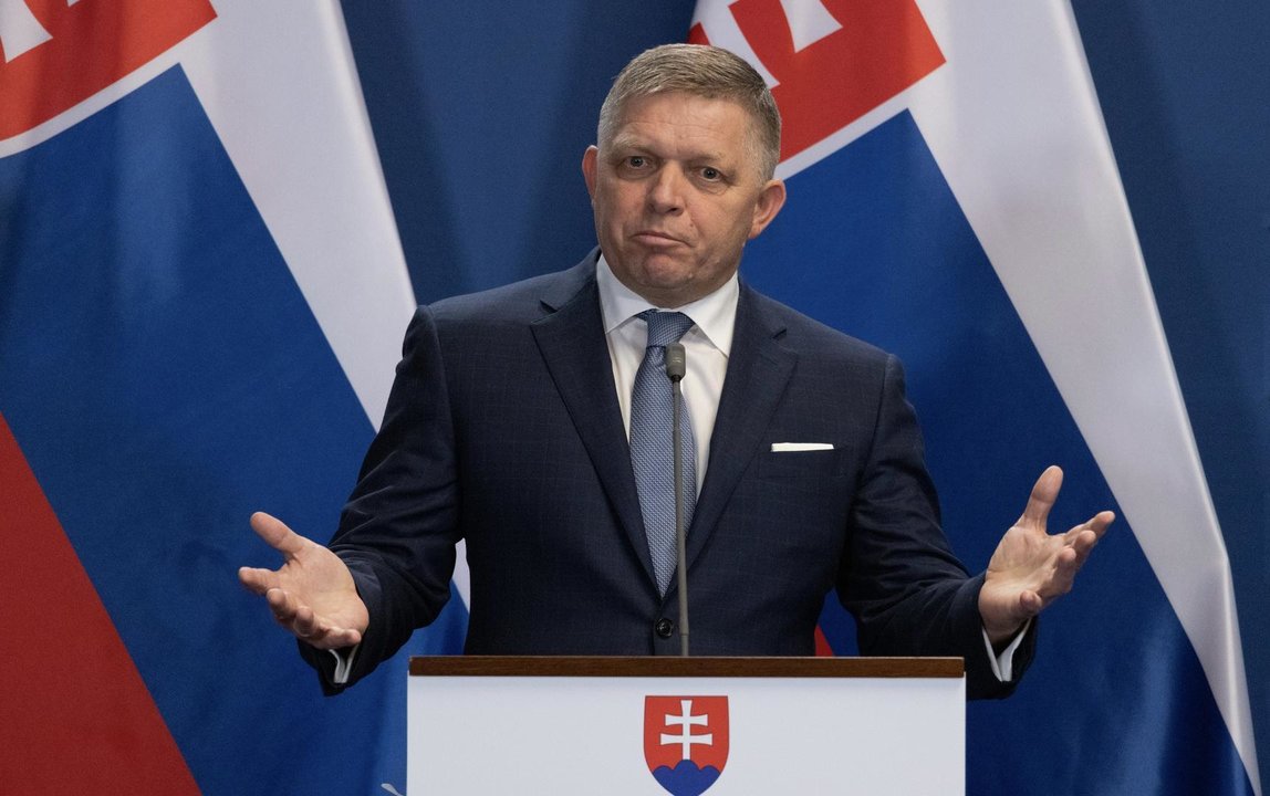 BUDAPEST, Jan. 16, 2024  -- Slovak Prime Minister Robert Fico attends a joint press conference with Hungarian Prime Minister Viktor Orban (not in the picture) in Budapest, Hungary, on Jan. 16, 2024. Slovakia's Prime Minister Robert Fico on Tuesday pledged his support for Hungary in various fields in the European Union (EU).,Image: 837786592, License: Rights-managed, Restrictions: , Model Release: no, Credit line: Attila Volgyi / Xinhua News / ContactoPhoto