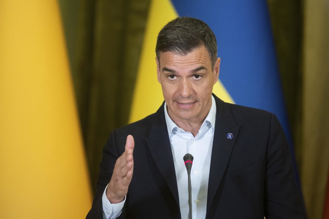 July 1, 2023, Kyiv, Kiev Oblast, Ukraine: Spanish Prime Minister Pedro Sanchez responds to a question during a joint press conference hosted by Ukrainian President Volodymyr Zelenskyy at the Mariinsky Palace, July 1, 2023 in Kyiv, Ukraine.,Image: 786811208, License: Rights-managed, Restrictions: , Model Release: no, Credit line: Pool /Ukrainian Presidentia / Zuma Press / ContactoPhoto