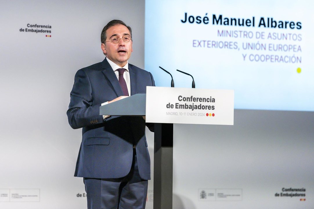 January 10, 2024, Madrid, Madrid, Spain: Jose Manuel Albares, Spanish minister of External Affairs, seen speaking during the opening ceremony of the Spanish Ambassadors Conference at the headquarters of the Ministry of Foreign Affairs in Madrid.,Image: 835691554, License: Rights-managed, Restrictions: , Model Release: no, Credit line: Alberto Gardin / Zuma Press / ContactoPhoto