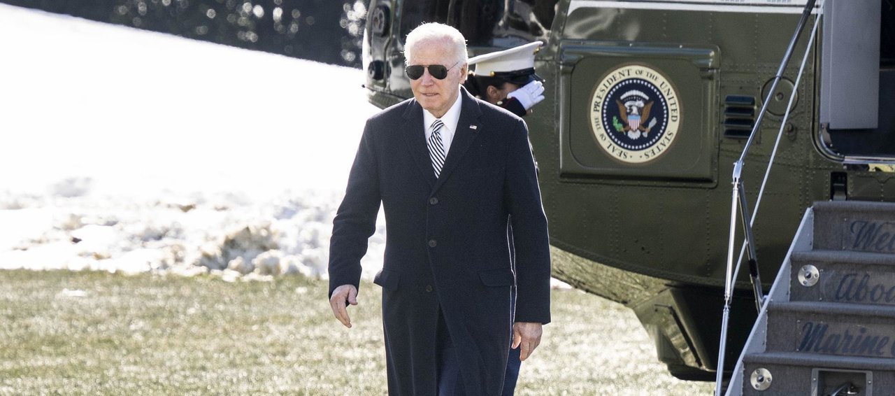 President Joe Biden walking on the South lawn from Marine One to the White House.