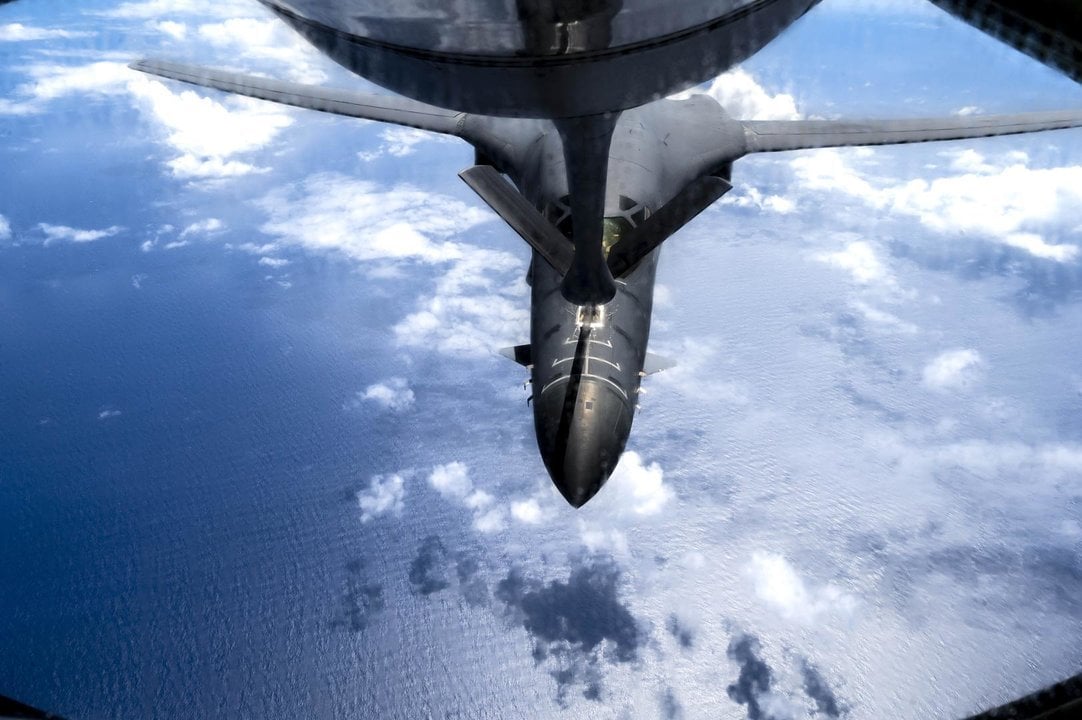 August 30, 2023, Sea of Japan, Japan: U.S. Air Force B-1B Lancer stealth strategic bomber aircraft, with the 28th Bomb Wing, refuels from a KC-135 Stratotanker during a Japanese - United States joint exercise, August 30, 2023 over the Sea of Japan.,Image: 802365712, License: Rights-managed, Restrictions: , Model Release: no, Credit line: Ssgt. Dwane Young/U.S. Air / Zuma Press / ContactoPhoto