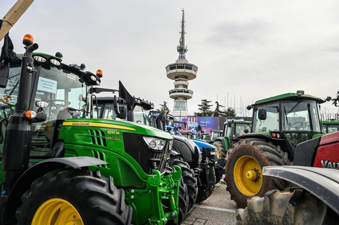 February 2, 2024, Thessaloniki, Greece: Greek farmers with their tractors take part in a protest outside an agricultural fair. Greek farmers protest against rising energy costs and demand further support from the Greek government and higher compensations for the recent floods.,Image: 842777716, License: Rights-managed, Restrictions: , Model Release: no, Credit line: Giannis Papanikos / Zuma Press / ContactoPhoto