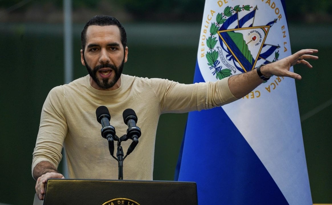 El Salvador's President Nayib Bukele gestures while inaugurating the February 3 Hydroelectric Power Plant in San Luis de la Reina.