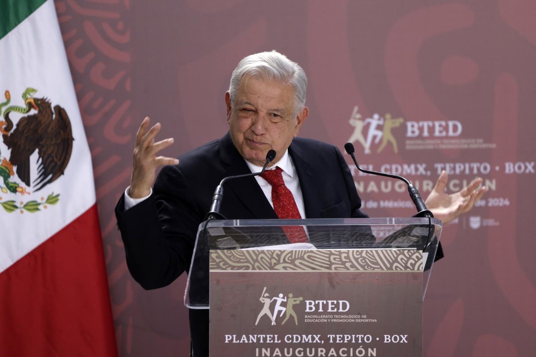 February 12, 2024, Mexico City, Mexico: President Andres Manuel Lopez Obrador is speaking during the inauguration of the Technological Baccalaureate of Education and Sports Promotion in the Tepito neighborhood in Mexico City, Mexico, on February 12, 2024.,Image: 846032909, License: Rights-managed, Restrictions: * France Rights OUT *, Model Release: no, Credit line: Eyepix / Zuma Press / ContactoPhoto