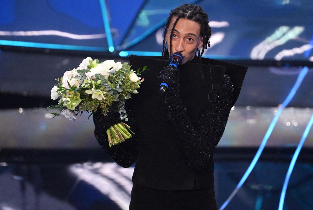 February 11, 2024, Sanremo: Italian singer Ghali on stage at the Ariston theatre during the 74th Sanremo Italian Song Festival, Sanremo, Italy, 10 February 2024. The music festival will run from 06 to 10 February 2024.  ANSA/ETTORE FERRARI,Image: 845529189, License: Rights-managed, Restrictions: * Italy Rights Out *, Model Release: no, Credit line: Ettore Ferrari / Zuma Press / ContactoPhoto