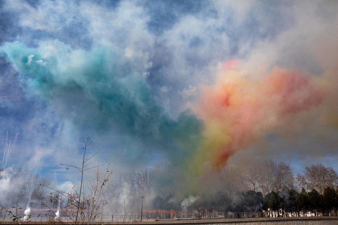 February 18, 2024, Madrid, Spain: Panoramic view of pyrotechnics explosion during the mascleta. Madrid has held a Mascleta at the Madrid Río Park area where more than 300 kilos of explosives have been detonated.Previously at the Cibeles Palace, headquarters of the Madrid city council, an official event was held to welcome the Valencian delegation with the participation of the mayor of Madrid, Jose Luis Martínez - Almeida; the president of the Valencian Generalitat, Carlos Mazón and the mayor of Valencia, María José Catalá and hundreds of ''falleras'' with their typical costumes.,Image: 848087281, License: Rights-managed, Restrictions: , Model Release: no, Credit line: David Canales / Zuma Press / ContactoPhoto