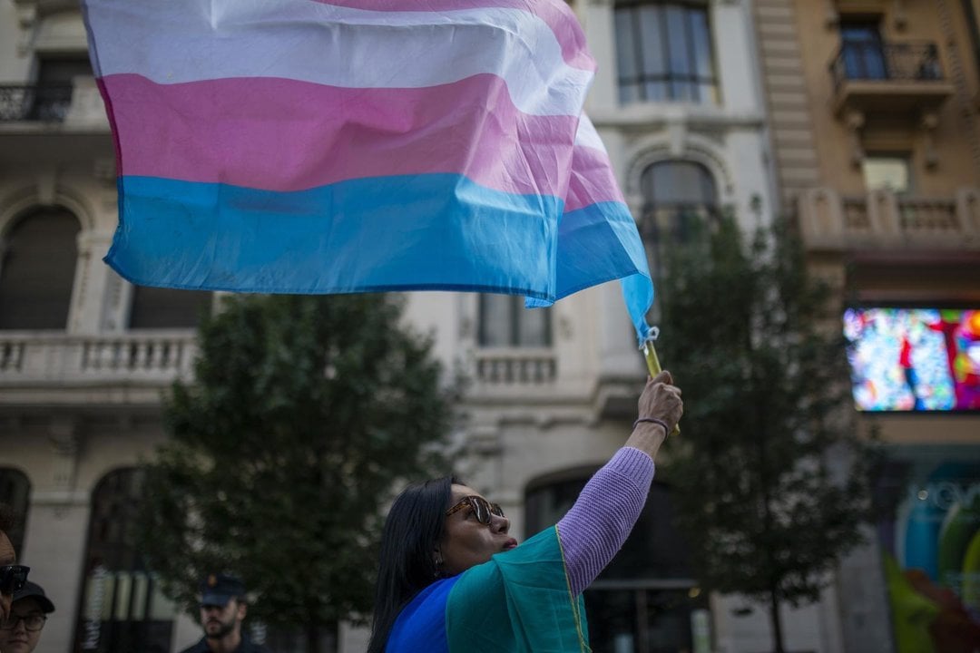 October 21, 2023, Madrid, Madrid, Spain: Hundreds of people with signs and flags of the Trans community, during a protest in the streets of Madrid, against hatred and transphobia in Spain.,Image: 815583732, License: Rights-managed, Restrictions: , Model Release: no, Credit line: Luis Soto / Zuma Press / ContactoPhoto