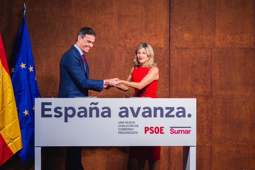October 24, 2023, Madrid, Spain: Pedro Sanchez, Spanish prime minister and president of the Psoe party, and Yolanda Diaz, leader of SUMAR party and vice president of the Government seen during the public event that celebrates the closing of the progressive coalition government agreement reached between both political formations at Reina Sofia museum in Madrid.,Image: 816439103, License: Rights-managed, Restrictions: , Model Release: no, Credit line: Alberto Gardin / Zuma Press / ContactoPhoto