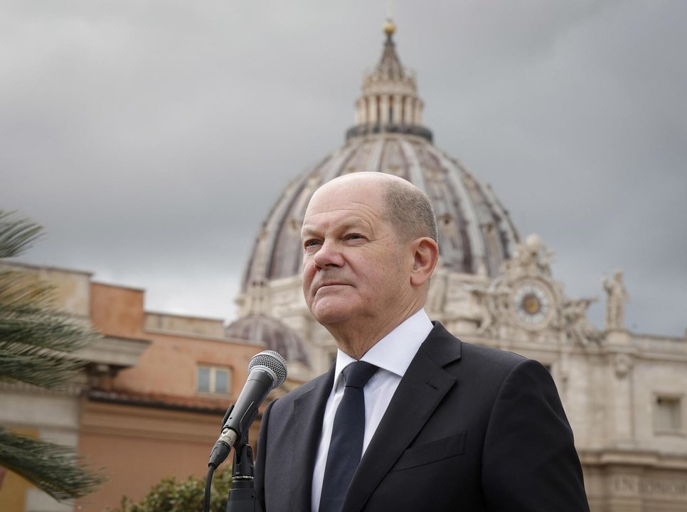 March 2, 2024, Rome, Italia: Chancellor of Germany Olaf Scholz talks to the media at the Paolo VI hotel on occasion of his meeting with Pope Francis, in Rome, Italy, 2 March 2024. ANSA/GIUSEPPE LAMI,Image: 852873314, License: Rights-managed, Restrictions: * Italy Rights Out *, Model Release: no, Credit line: Giuseppe Lami / Zuma Press / ContactoPhoto