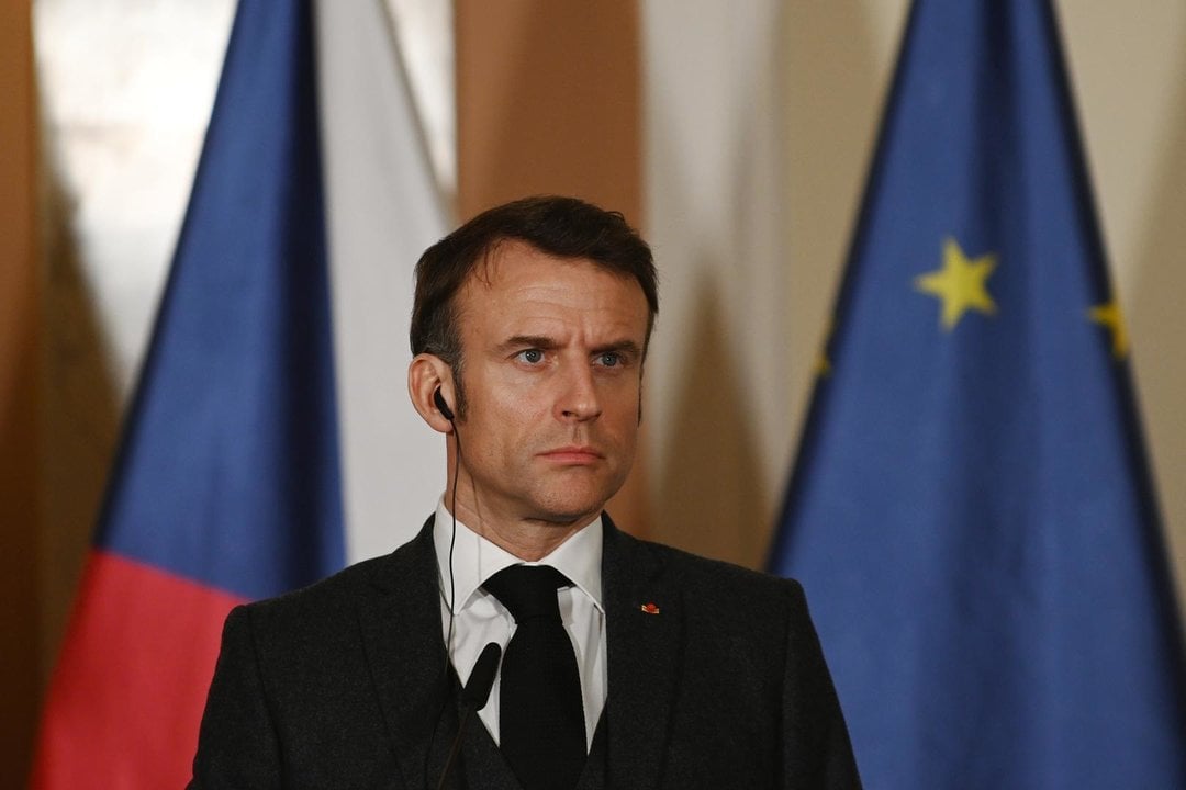 March 5, 2024, Prague, Czech Republic: French president Emmanuel Macron is seen during a joint press conference after meeting with Czech prime minister Petr Fiala (Not in view) in Prague. President of France Emmanuel Macron meets with Prime minister of the Czech Republic during his visit to the Czech Republic. During the meeting, main discussed point are cooperation in defence, energy and Russian aggression in Ukraine.,Image: 854047763, License: Rights-managed, Restrictions: , Model Release: no, Credit line: Tomas Tkacik / Zuma Press / ContactoPhoto