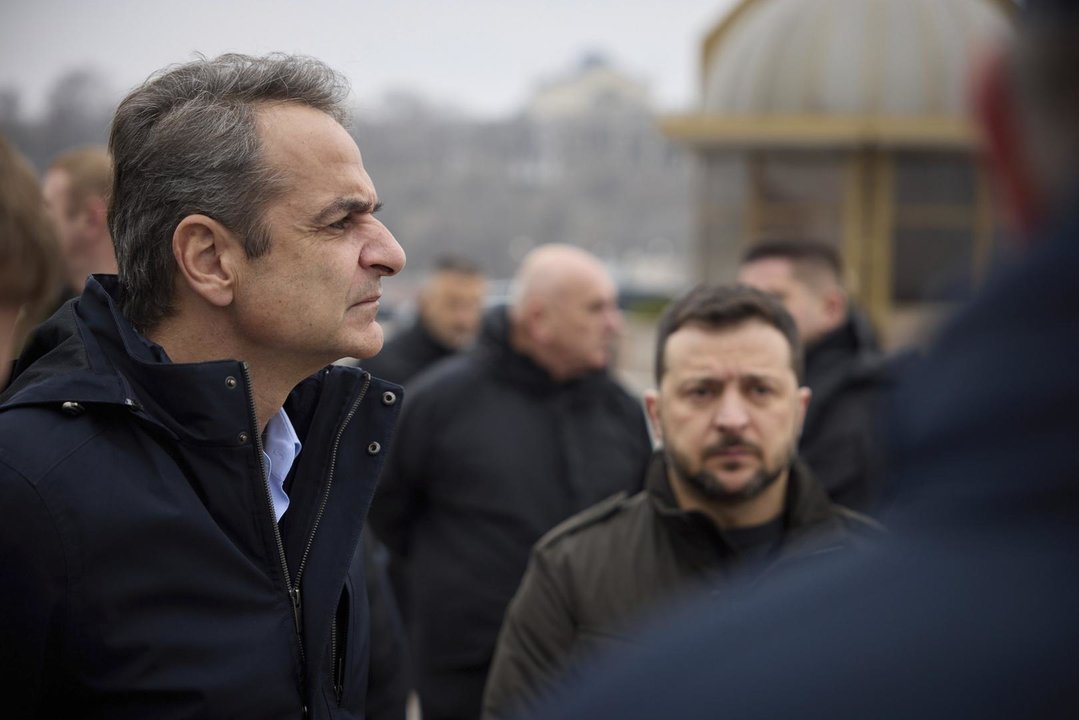 March 6, 2024, Odessa, Ukraine: Ukrainian President Volodymyr Zelenskyy, right, and Greek Prime Minister Kyriakos Mitsotakis, left, visit the Odesa Commercial Sea Port to inspect the progress of the "U.N. grain corridor," March 6, 2024 in Odesa, Ukraine. Later in the day a Russian drone struck only 500 feet from the presidential motorcade carrying both leaders.,Image: 854388528, License: Rights-managed, Restrictions: , Model Release: no, Credit line: Ukraine Presidency/Ukrainian Pre / Zuma Press / ContactoPhoto
