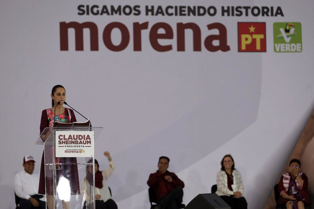March 1, 2024, Mexico City, Mexico: Claudia Sheinbaum Pardo, the candidate for Mexico's Presidency from the Let's Keep Making History coalition, is speaking during a rally to start their campaign at Zocalo in Mexico City, Mexico, on March 1, 2024.,Image: 853137771, License: Rights-managed, Restrictions: * France Rights OUT *, Model Release: no, Credit line: Eyepix / Zuma Press / ContactoPhoto