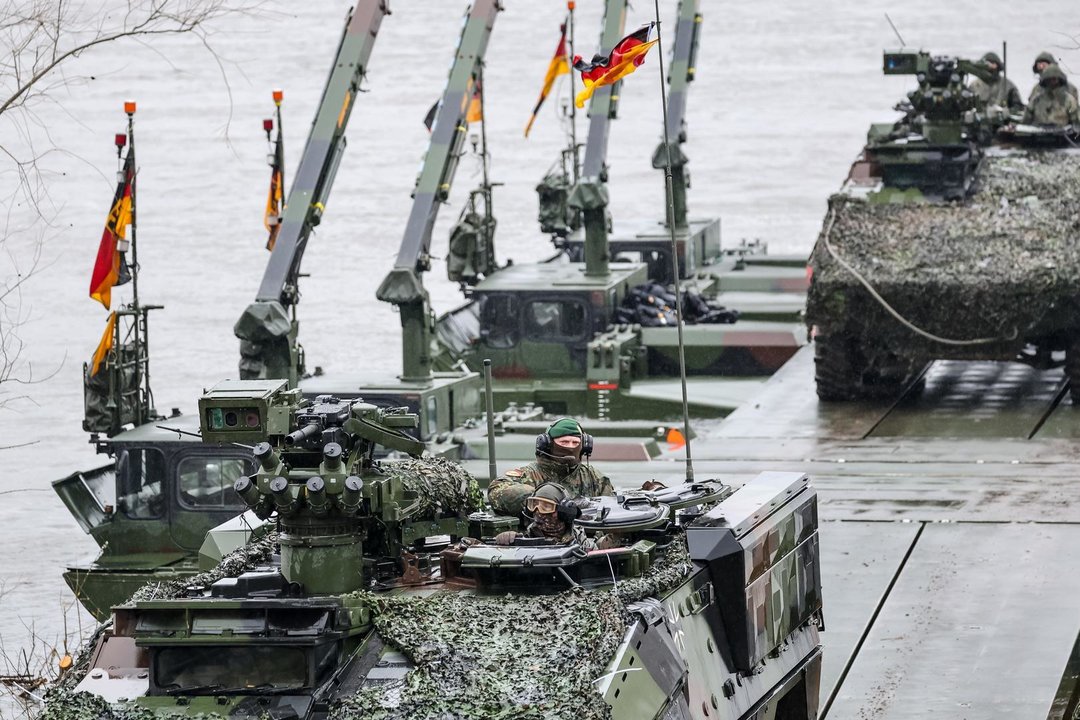 March 5, 2024, Korzeniewo, Pomorskie, Poland: German servicemen present transfer of tanks and armored vehicles via Vistula river during NATO's Dragon-24 exercise, a part of large scale Steadfast Defender-24 exercise. The exercises, which take place mainly in Central Europe, involve some 90,000 troops from all NATO countries as well as Sweden. The aim of Steadfast Defender-24 is to deter and present defensive abilities in the face of aggression.,Image: 854044973, License: Rights-managed, Restrictions: , Model Release: no, Credit line: Dominika Zarzycka / Zuma Press / ContactoPhoto
