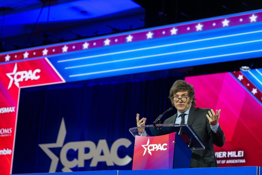 February 24, 2024, Oxon Hill, Maryland, USA: President of Argentina Javier Milei at the 2024 Conservative Political Action Conference (CPAC) in National Harbor, Maryland, U.S., on Saturday, February 24, 2024,Image: 850496958, License: Rights-managed, Restrictions: , Model Release: no, Credit line: Annabelle Gordon / Zuma Press / ContactoPhoto