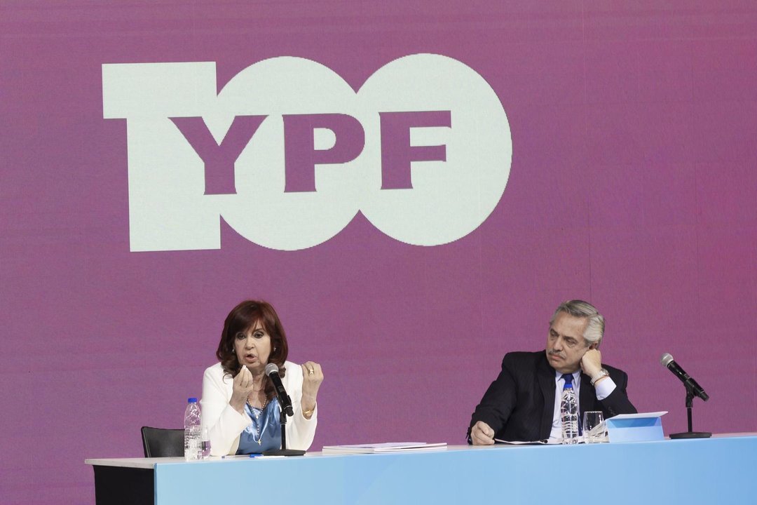 June 3, 2022, Buenos Aires province, Argentina: The President of the Nation Alberto FernĂˇndez and the Vice President Cristina FernĂˇndez at the event for the 100th anniversary of the state energy company Fiscal Oilfields (YPF in its spanish acronym). The Vice President giving her speech at the event.,Image: 697464620, License: Rights-managed, Restrictions: , Model Release: no, Credit line: Esteban Osorio / Zuma Press / ContactoPhoto