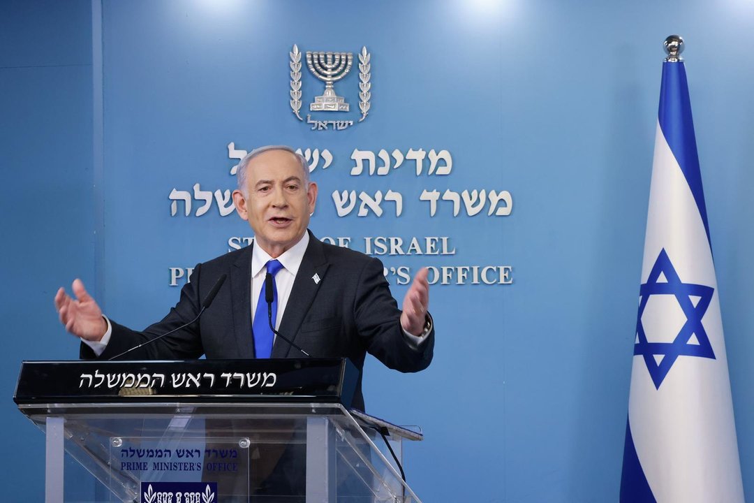 JERUSALEM, Feb. 7, 2024  -- Israeli Prime Minister Benjamin Netanyahu speaks at a press conference at the Prime Minister's office in Jerusalem, on Feb. 7, 2024. Netanyahu rejected Hamas's proposal for a ceasefire in the Gaza Strip on Wednesday.,Image: 844447176, License: Rights-managed, Restrictions: , Model Release: no, Credit line: Marc Israel Sellem/JINI / Xinhua News / ContactoPhoto