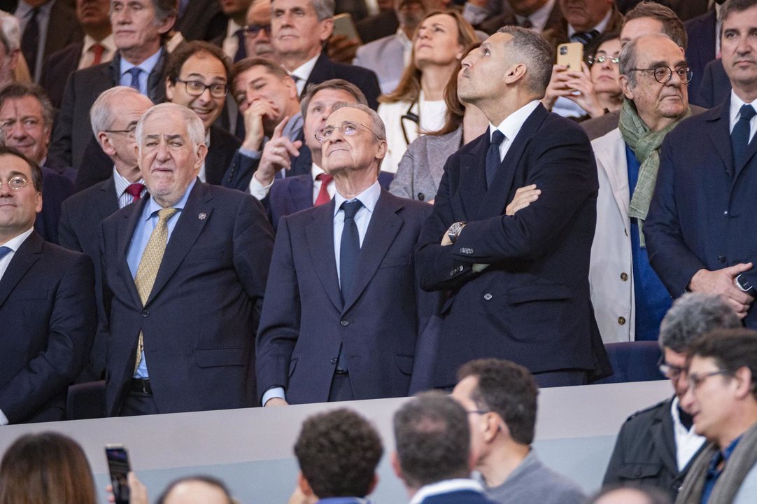 April 9, 2024, Madrid, Madrid, Spain: Florentino Perez, president of Real Madrid, during the UEFA Champions League quarter-final first leg match between Real Madrid CF and Manchester City at Estadio Santiago Bernabeu on April 9, 2024 in Madrid, Spain.,Image: 863691949, License: Rights-managed, Restrictions: , Model Release: no, Credit line: Alberto Gardin / Zuma Press / ContactoPhoto