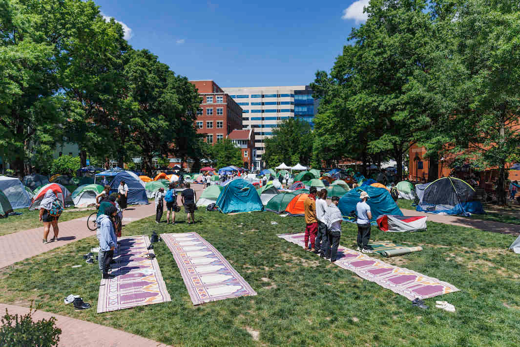 May 1, 2024, Washington, District Of Columbia, USA: Muslims pray in a pro-Palestinian encampment on the campus of George Washington University in Washington DC on Wednesday, May 1, 2024. House Oversight Republicans visited the encampment ahead of a press conference steps away,Image: 869516961, License: Rights-managed, Restrictions: , Model Release: no, Credit line: Aaron Schwartz / Zuma Press / ContactoPhoto