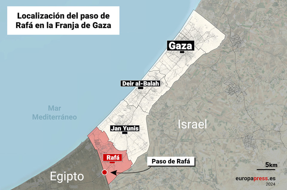 Mapa que representa el paso de Rafá en la Franja de Gaza. El Ejército de Israel ha confirmado la toma de la parte palestina del paso de Rafá, que conecta la Franja de Gaza con Egipto y que sirve como uno de los principales puntos de entrada de ayuda humanitaria hacia el enclave, tras semanas amenazando con una posible ofensiva militar contra la ciudad, que acoge a cerca de 1,4 millones de palestinos,Image: 870839319, License: Rights-managed, Restrictions: , Model Release: no, Credit line: Europa Press / Europa Press / ContactoPhoto