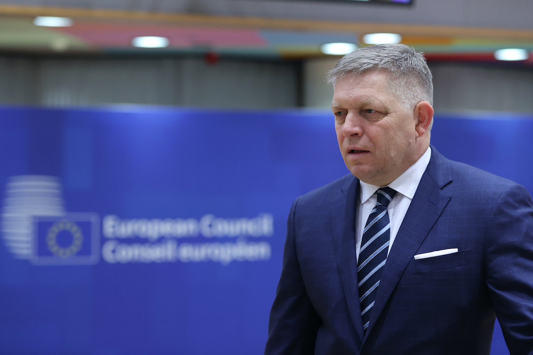 BRUSSELS, May 15, 2024  -- This file photo taken on March 22, 2024 shows Slovak Prime Minister Robert Fico attending the European Union (EU) summit in Brussels, Belgium. Robert Fico is in a life-threatening condition after being shot in Handlova, Slovakia's Trencin region, a post from his social media said Wednesday.,Image: 873246454, License: Rights-managed, Restrictions: , Model Release: no, Credit line: Zhao Dingzhe / Xinhua News / ContactoPhoto
