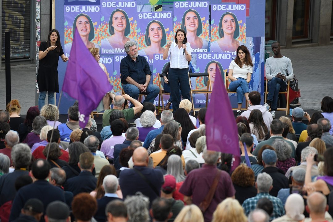 La candidata de Podemos a las elecciones europeas, Irene Montero, interviene durante el inicio de la campaña electoral de Podemos, en la plaza de Arturo Barea, a 23 de mayo de 2024, en Madrid (España). Este es el primer acto de campaña electoral de Podemos para las elecciones al Parlamento Europeo del próximo 9 de junio, antes de la pega de carteles prevista para hoy por la noche.
23 MAYO 2024;PODEMOS;CAMPAÑA ELECTORAL;COMICIOS EUROPEOS;9J;
Fernando Sánchez / Europa Press
23/5/2024