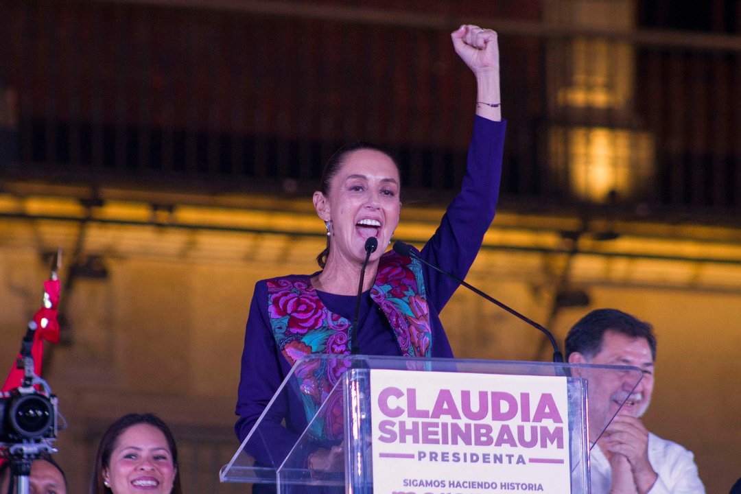 June 2, 2024, Mexico, Mexico, USA: Mexico's presidential candidate Claudia Sheinbaum of the Morena Party addresses supporters at El Zocalo Square in Mexico City following the results of the general presidential election, on Sunday June 2, 2024. Claudia Sheinbaum is set to be elected Mexico's first woman president according to  exit polls. OCTAVIO NAVA/PI,Image: 878722376, License: Rights-managed, Restrictions: , Model Release: no, Credit line: Octavio Nava / Zuma Press / ContactoPhoto