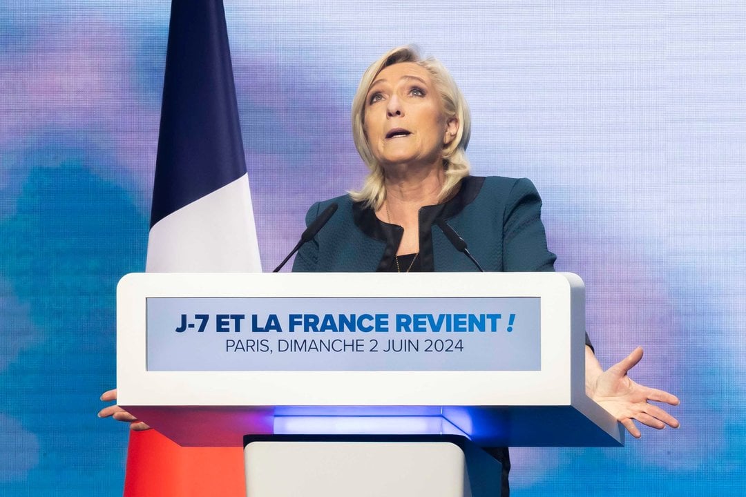June 2, 2024, Paris, France, France: Paris, France June 2, 2024 - Meeting of the political party Rassemblement National (RN) ahead of the European elections. The 27 EU countries have set the dates for the next European elections from June 6 to 9, 2024. 81 MEPs will be elected in France, where the vote will take place on June 9 - Marine Le Pen..POLITIQUE, RN , RASSEMBLEMENT NATIONAL, ELECTIONS EUROPEENNES, VOTE, CANDIDAT.,Image: 878354363, License: Rights-managed, Restrictions: * Belgium, Denmark, France and Germany Out *, Model Release: no, Credit line: Vincent Isore / Zuma Press / ContactoPhoto