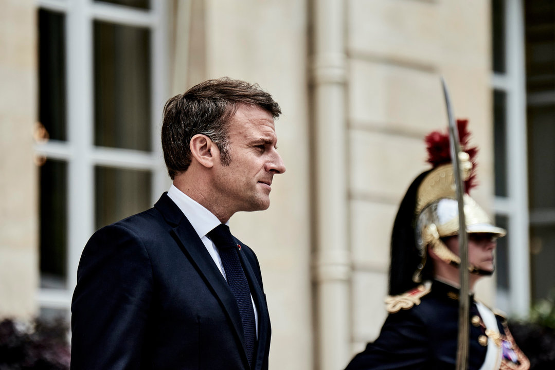 French President Emmanuel Macron receiving Senegal's President Bassirou Diomaye Faye at the Elysee Palace on June 20, 2024, for a working lunch.