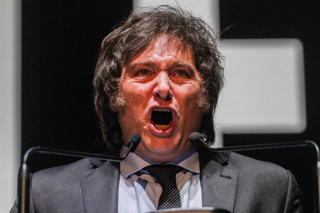 October 18, 2023, Buenos Aires, Argentina: JAVIER GERARDO MILEI makes a speech at the end of his campaign in front of thousands of supporters to face the upcoming Argentine presidential elections in 2023. Javier Gerardo Milei holds his campaign closing in front of thousands of supporters to face the next presidential elections, in the city of Buenos Aires, Argentina, at the Movistar arena in Villa Crespo.,Image: 814858077, License: Rights-managed, Restrictions: , Model Release: no, Pictured: Milei Javier, Credit line: Cristobal Basaure Araya / Zuma Press / ContactoPhoto