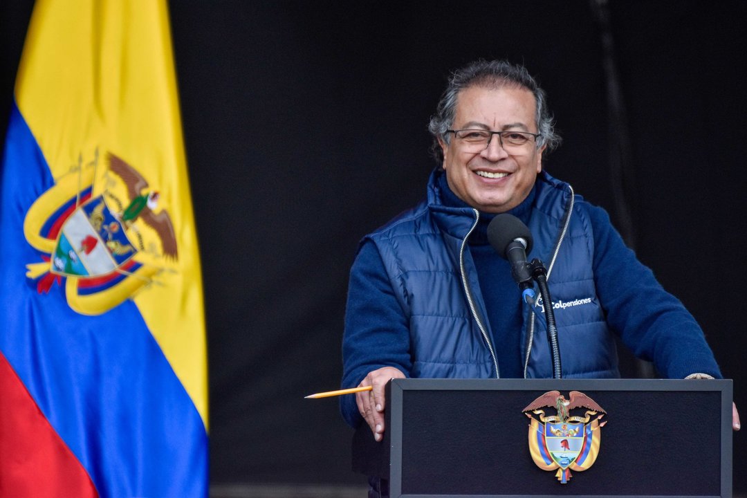 July 16, 2024, Bogota, Cundinamarca, Colombia: Colombian President Gustavo Petro gives a speech after signing the law tab sanction the pension reform, at the Plaza de Bolivar in Bogota, Colombia July 16, 2024.,Image: 890247978, License: Rights-managed, Restrictions: , Model Release: no, Credit line: Cristian Bayona / Zuma Press / ContactoPhoto