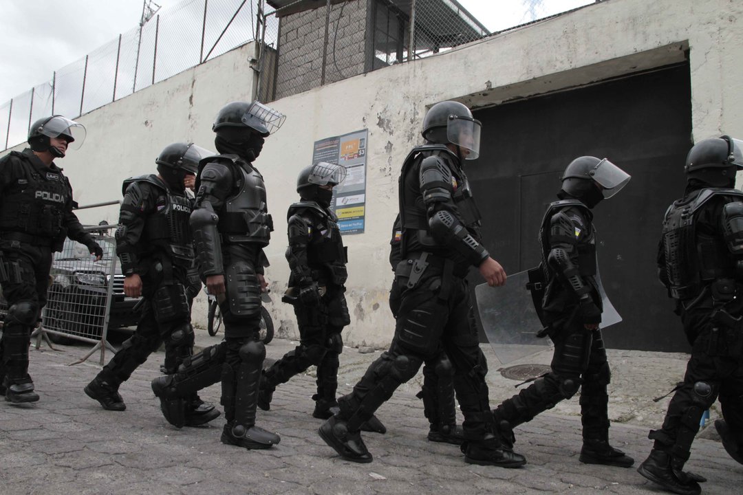 QUITO, Jan. 10, 2024  Ecuadorian police patrol in Quito, Ecuador, Jan. 9, 2024. Ecuadorian President Daniel Noboa on Tuesday declared ''internal armed conflict'' and mobilized the army to combat organized crime linked to drug trafficking, following an escalation in violence in the South American country..   Ecuador's government declared a 60-day state of emergency on Monday with a nighttime curfew to quell violence in cities and inside prisons..   Tuesday's measure followed a day of riots and disturbances at several prisons, including a prisonbreak that saw 39 inmates escape from a facility in the Andean city of Riobamba and the shocking armed takeover of a television station in Guayaquil in mid-broadcast.,Image: 170902873, License: Rights-managed, Restrictions: * Canada, Denmark, Estonia, Finland, Italy, South Africa, Sweden, Switzerland and USA Rights Only *, Model Release: no, Credit line: Mateo Armas / Zuma Press / ContactoPhoto