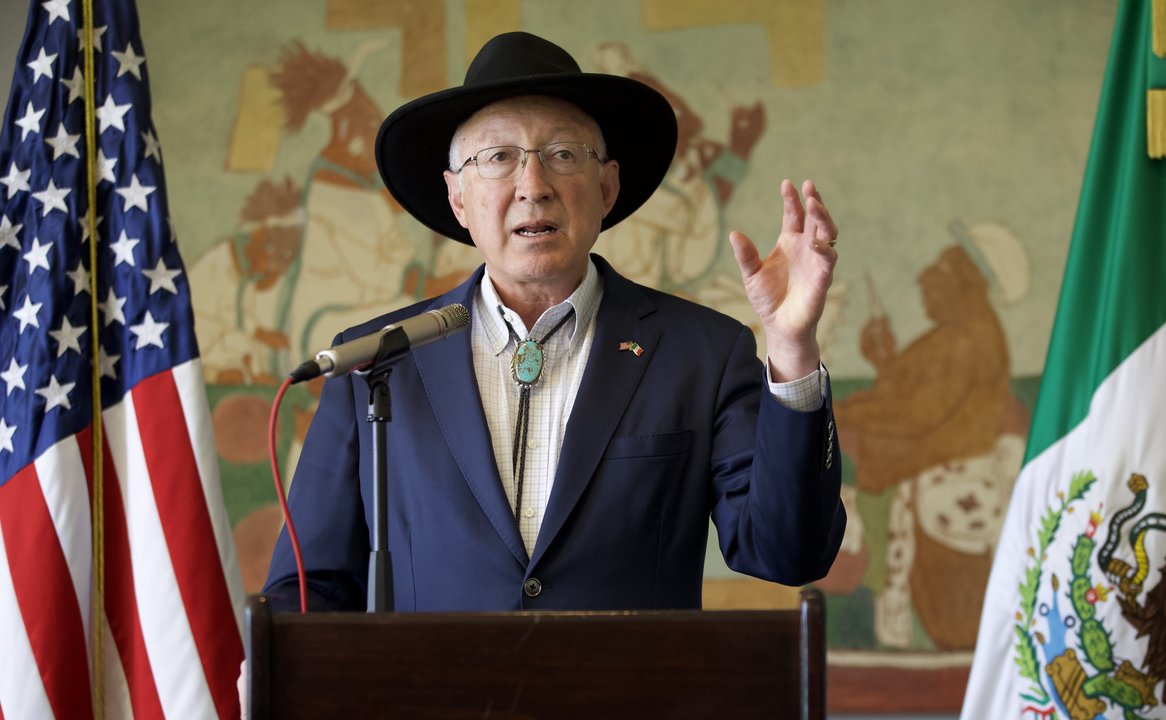 April 15, 2023, Mexico City, Mexico: US Ambassador to Mexico Ken Salazar gestures as he speaks during a news conference at the US Embassy in Mexico. on April 15, 2023 in Mexico City, Mexico. ( Photo by Julian Lopez/ Eyepix Group)