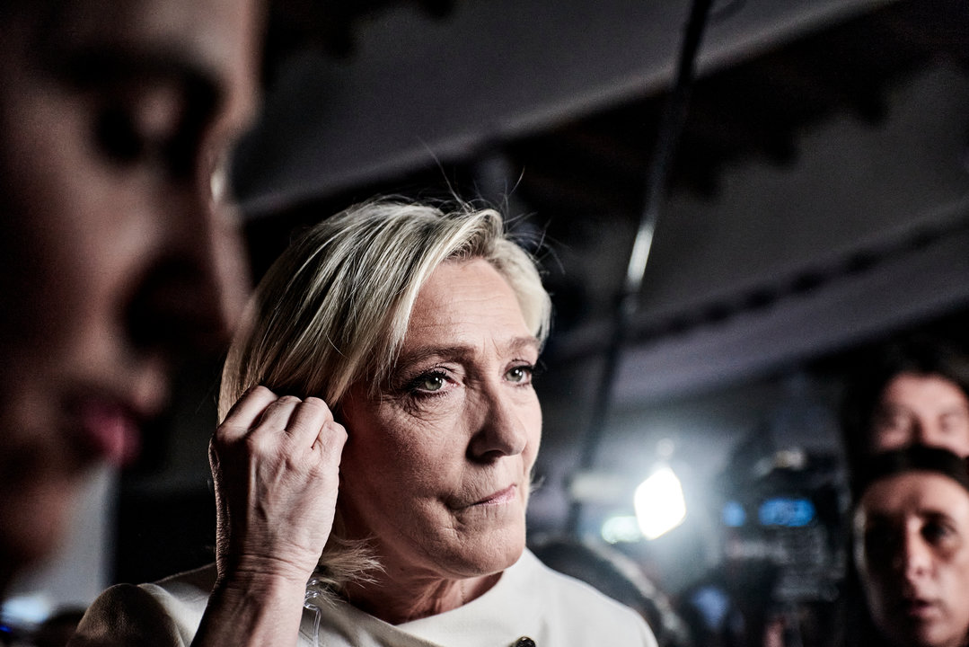 Marine Le Pen during election night at Rassemblement National HQ for the second round of 2024 legislative elections.