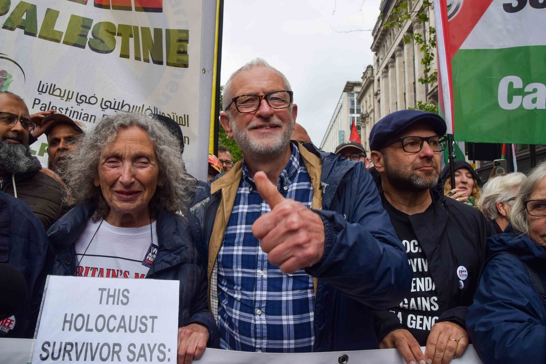 July 6, 2024, London, England, UK: Independent MP and former Labour leader JEREMY CORBYN (c) and Independent candidate ANDREW FEINSTEIN (r) take part in the march. Thousands of people marched in solidarity with Palestine demanding a ceasefire as Israel continues its attacks on Gaza.,Image: 887939441, License: Rights-managed, Restrictions: , Model Release: no, Credit line: Vuk Valcic / Zuma Press / ContactoPhoto