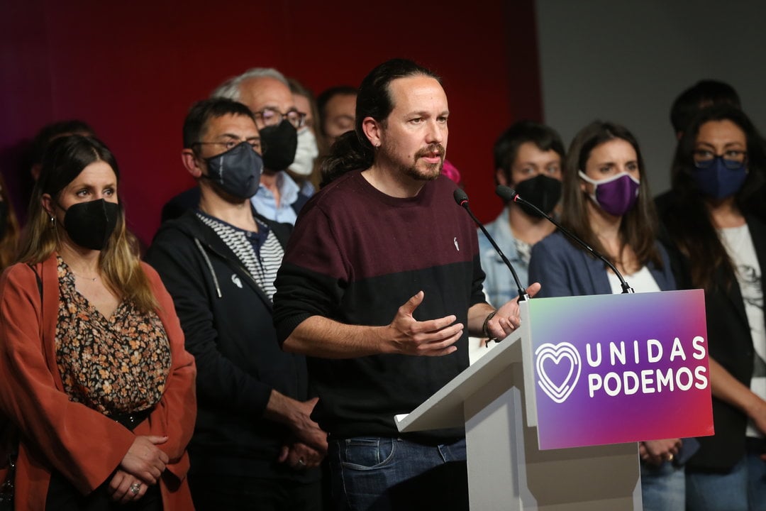 El candidato de Unidas Podemos a la presidencia de la Comunidad de Madrid y secretario general de Podemos, Pablo Iglesias, durante una rueda de prensa tras las votaciones de la jornada electoral, a 4 de mayo de 2021, en Madrid (España). Iglesias ha anunciado esta noche que deja todos los cargos en su partido y que no recogerá el acta de diputado en la Asamblea de Madrid
Fecha: 04/05/2021.

Foto de archivo

Firma: I.Infantes.POOL / Europa Press