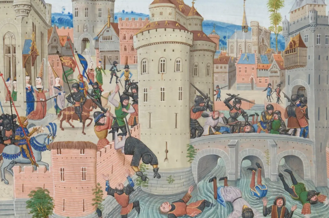 Las tropas de Gastón Febo y Juan de Grailly derrotan a los jacques y los parisinos en Meaux. Ilustración de las Crónicas de Froissart —Biblioteca digital Gallica / Wikimedia Commons