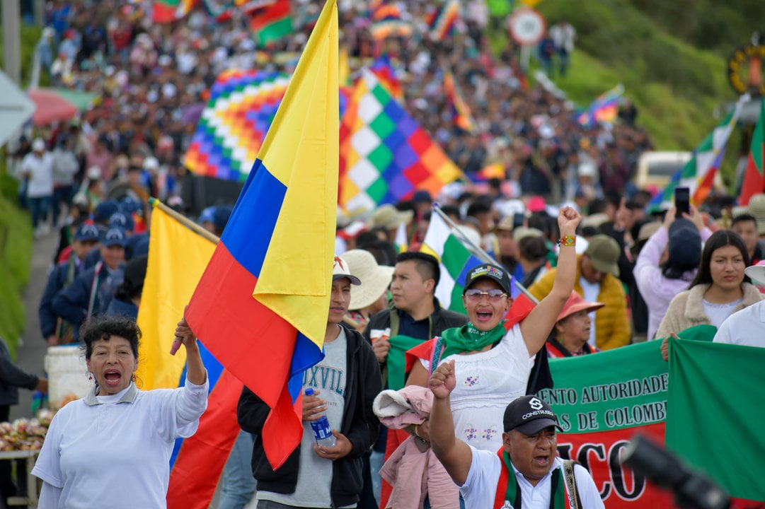 Supporters of colombian president Gustavo Petro demonstrate in support of his reform bills on retirment, labor, prisions and health on May 1, 2024, in Ipiales, Colombia. Photo by: Camilo Erasso/Long Visual Press